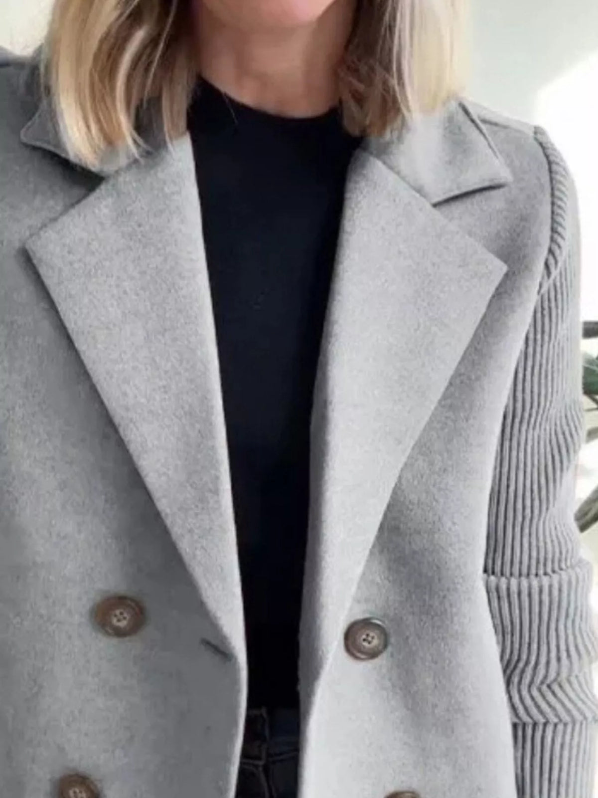 Full Size Knitted Sleeve Wool Blend Double-Breasted Blazer Plus Size