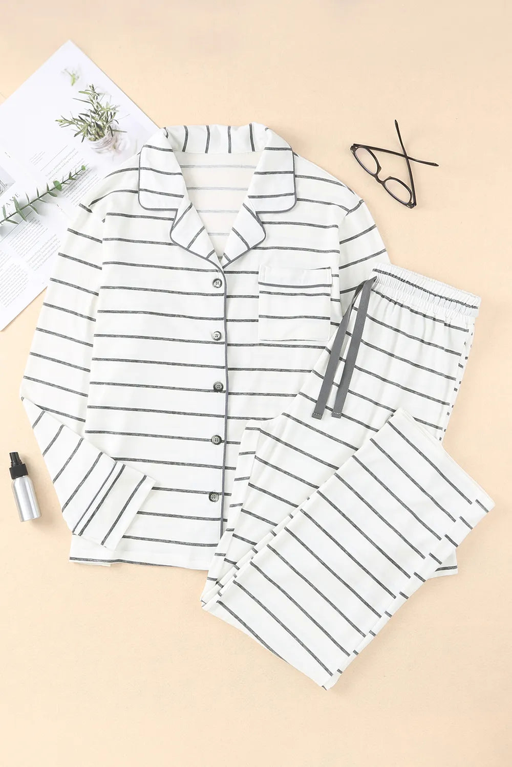 Striped V-Neck Long Sleeve Top and Pants Lounge Set - Ladyez