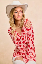 BiBi Button Down Heart Printed Mesh Shirt with Ruched Front