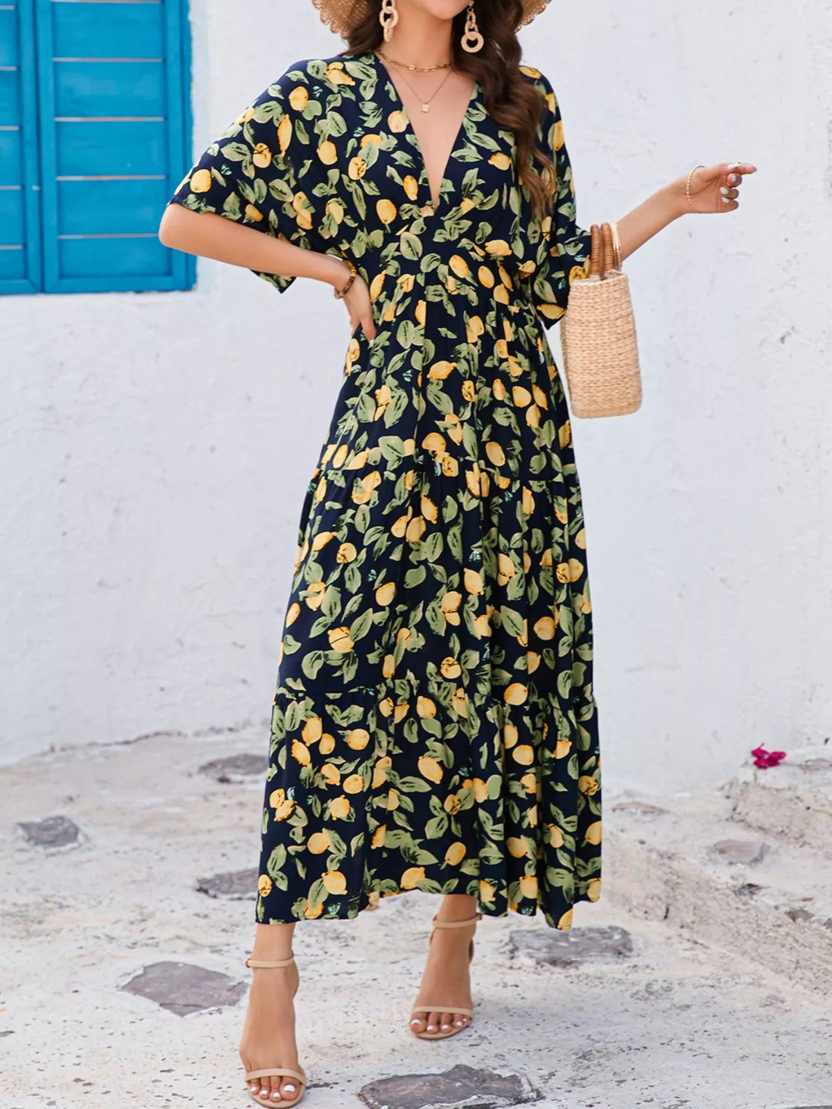 Printed V-Neck Ruffle Hem Flowy Midi Dress