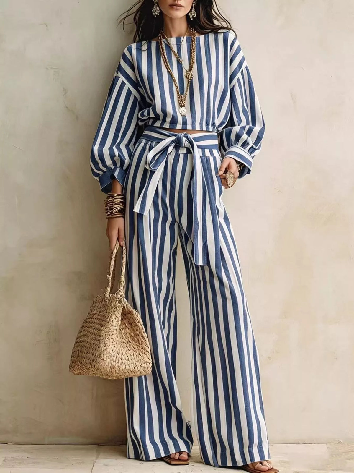 Striped Long Sleeve Top and Pants Two-Piece Set