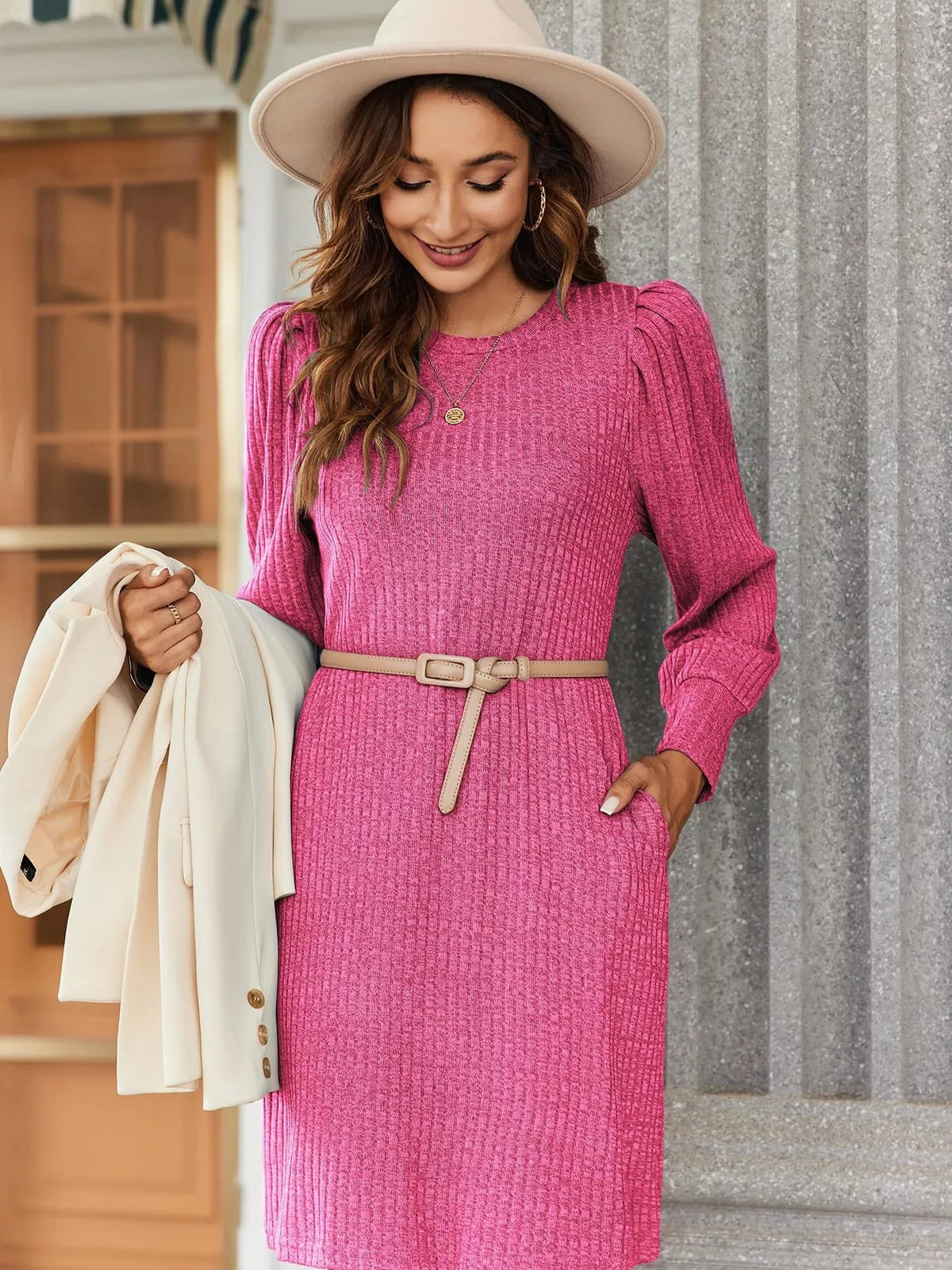 Ribbed Knit Puff Sleeve Casual Mini Dress