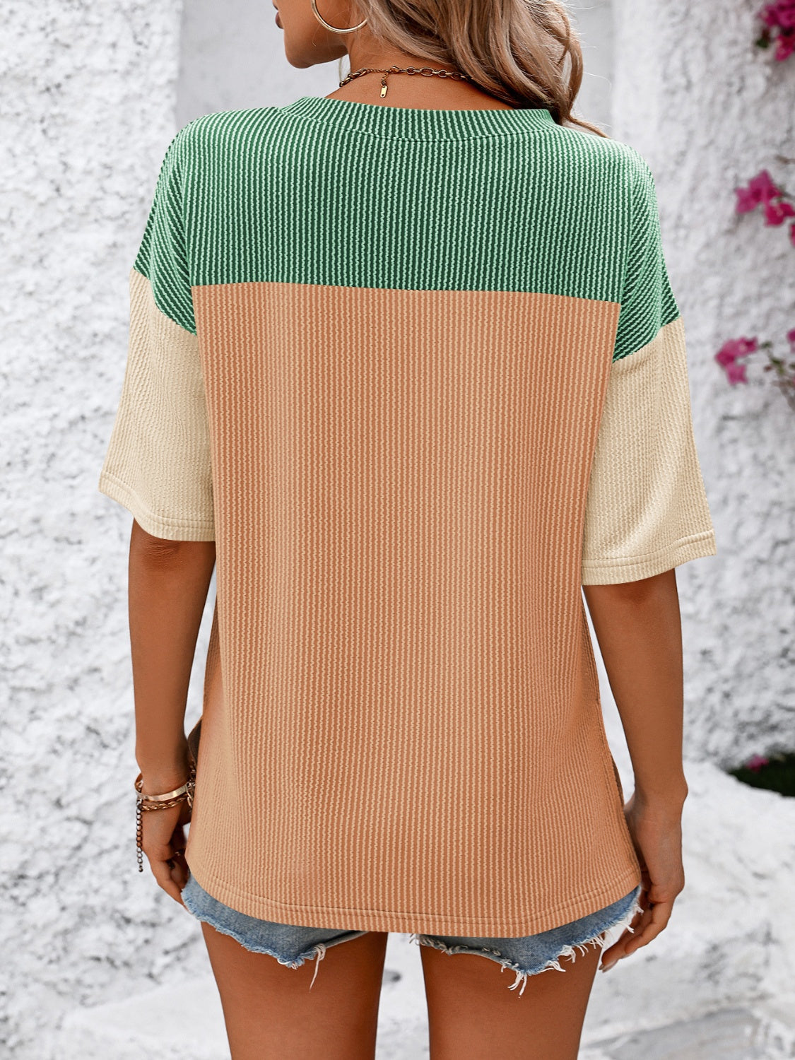 Mandy Color Block Round Neck Half Sleeve T-Shirt - Ladyez
