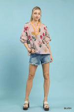 Umgee Floral Puff Sleeve Blouse with Scallop Trim Collar