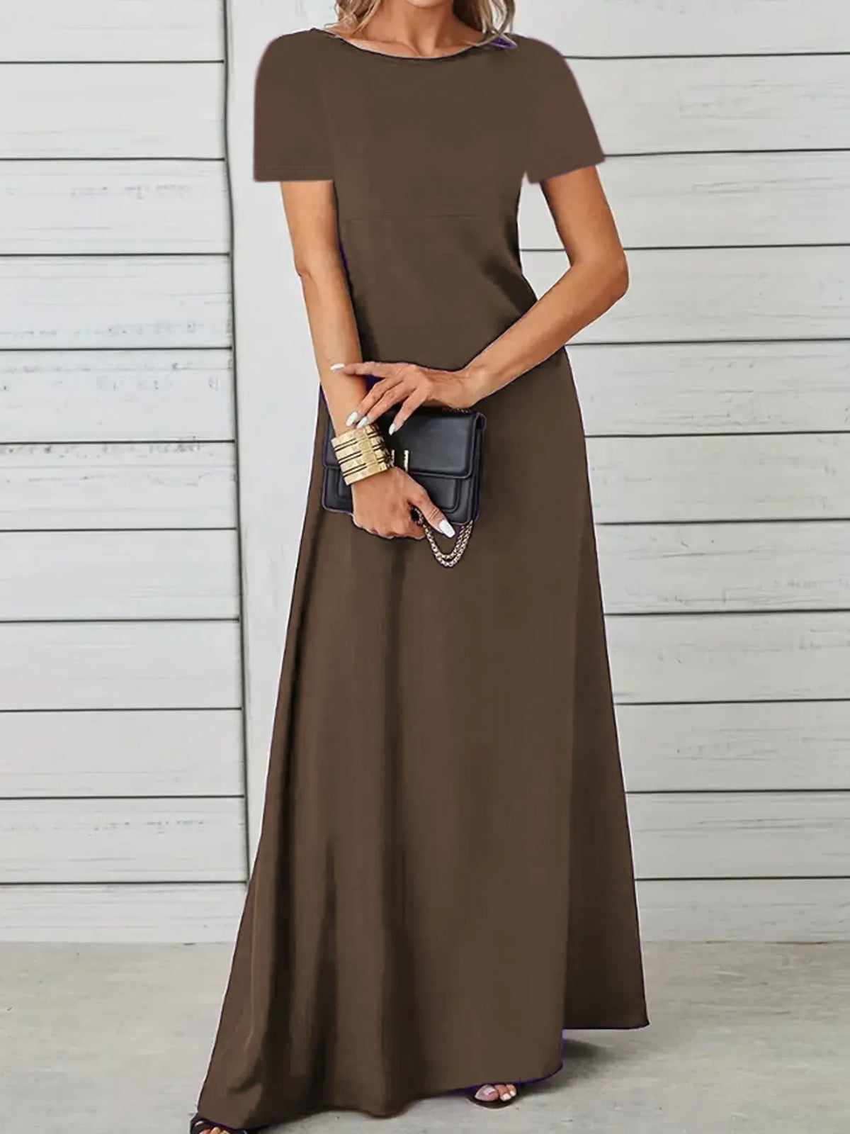 Full Size Round Neck Short Sleeve A-Line Maxi Dress Plus Size - Ladyez