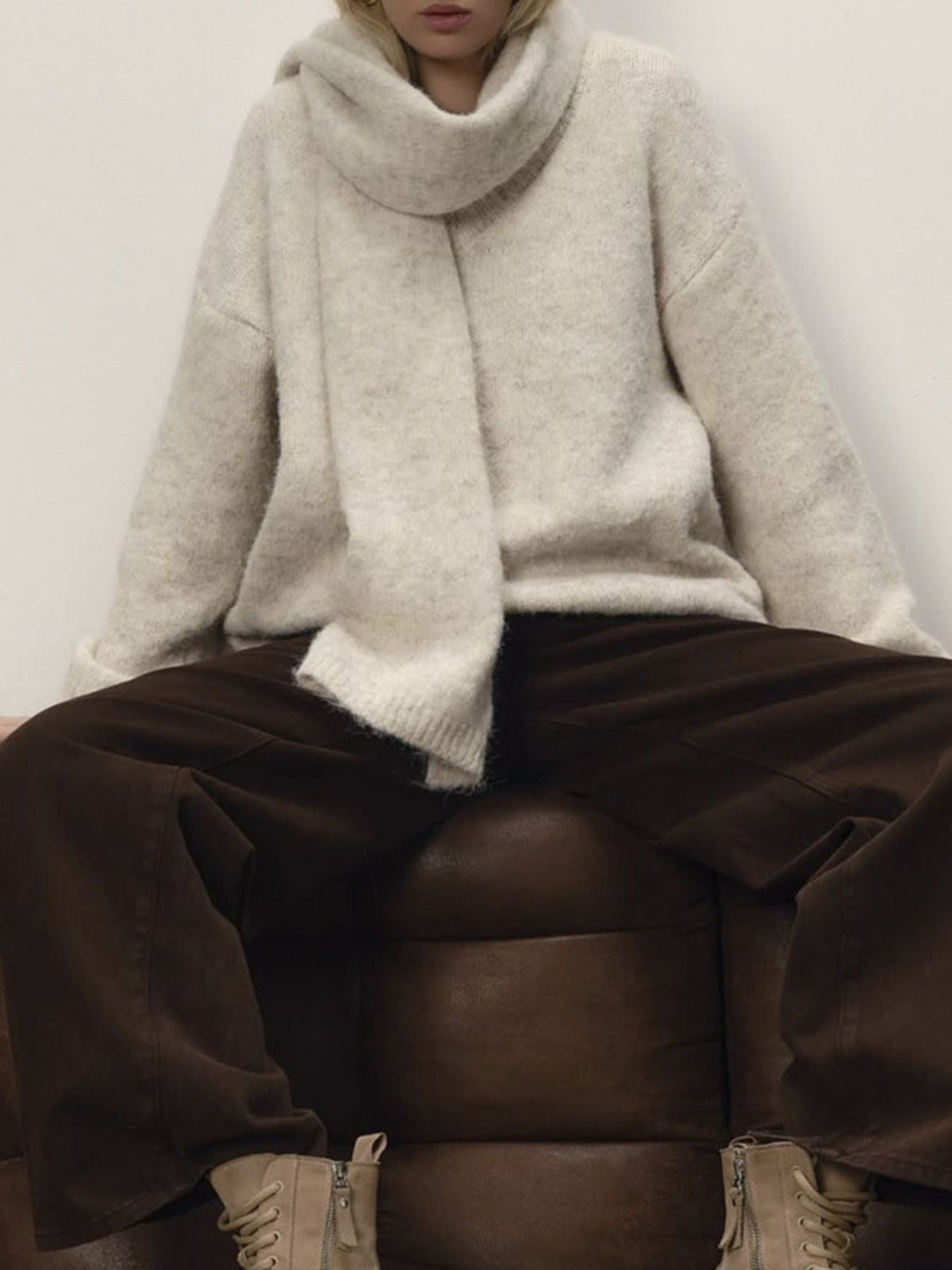 Oversized V-Neck Dropped Shoulder Sweater with Scarf