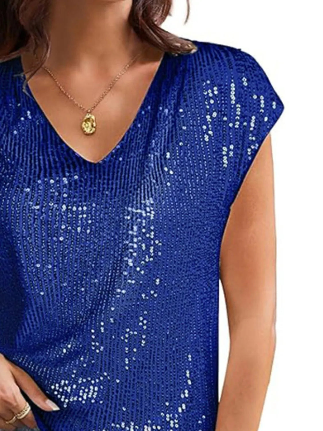 V-Neck Sequin Cap Sleeve Top - Ladyez