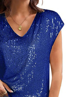 V-Neck Sequin Cap Sleeve Top - Ladyez