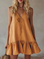 V-Neck Tie Front Ruffle Hem Mini Dress