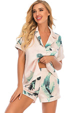 Printed Button Up Short Sleeve Top and Shorts Lounge Set - Ladyez