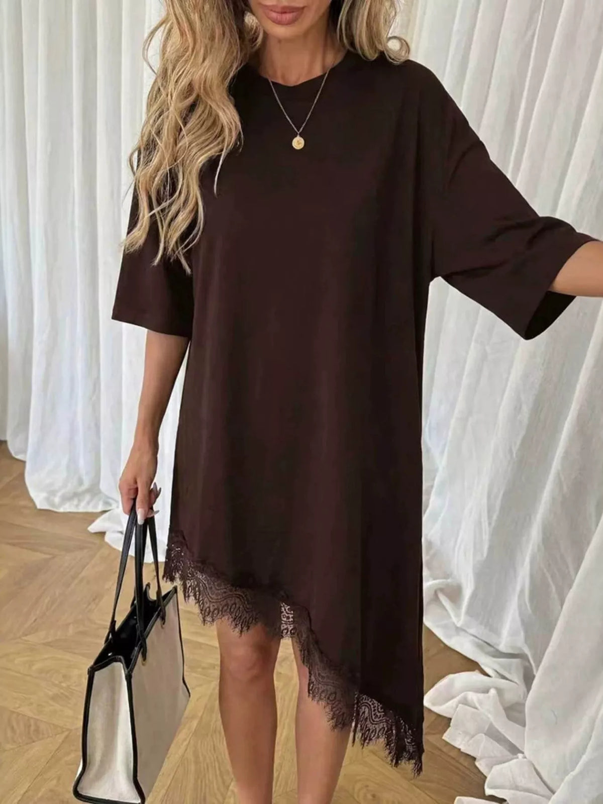 Lace Trim Asymmetrical Hem T-shirt Dress