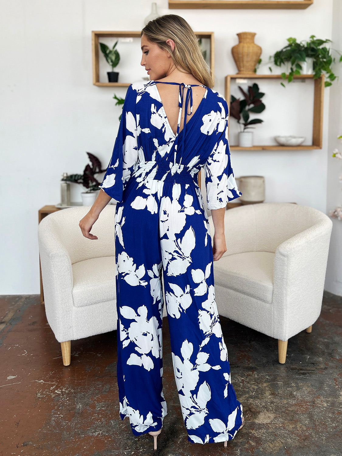 Double Take Full Size Printed Tie Back Wide Leg Jumpsuit - Ladyez