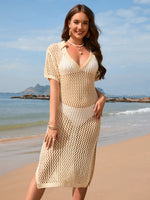 Slit Openwork Johnny Collar Short Sleeve Cover-Up - Ladyez