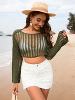 Openwork Boat Neck Long Sleeve Cover-Up - Ladyez