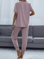 Shiny Round Neck Short Sleeve Top and Pants Set - Ladyez