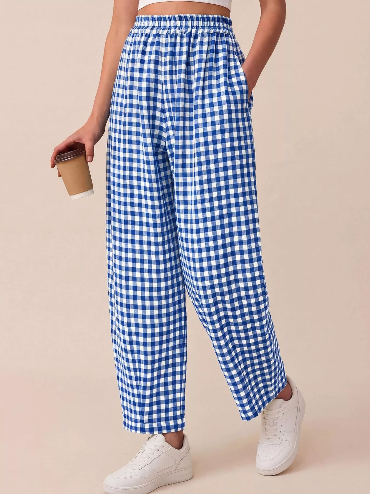 Gingham Wide-Leg Casual Pants