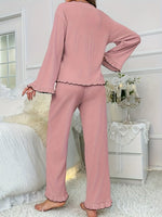 Contrast Trim Bow Tie Shirt and Pants Lounge Set - Ladyez