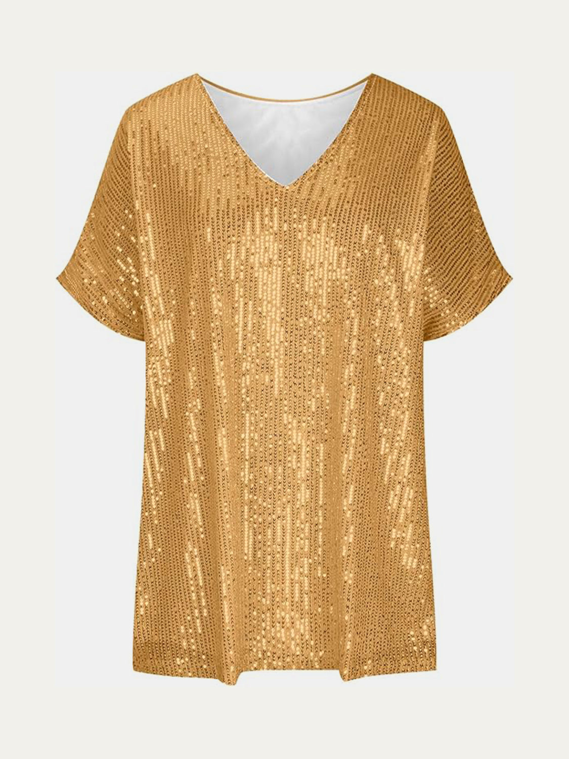 Full Size Sequin V-Neck Short Sleeve Top - Ladyez