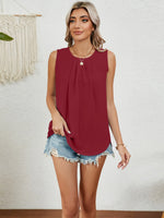 Round Neck Sleeveless Top with Pleated Front Detail - Ladyez