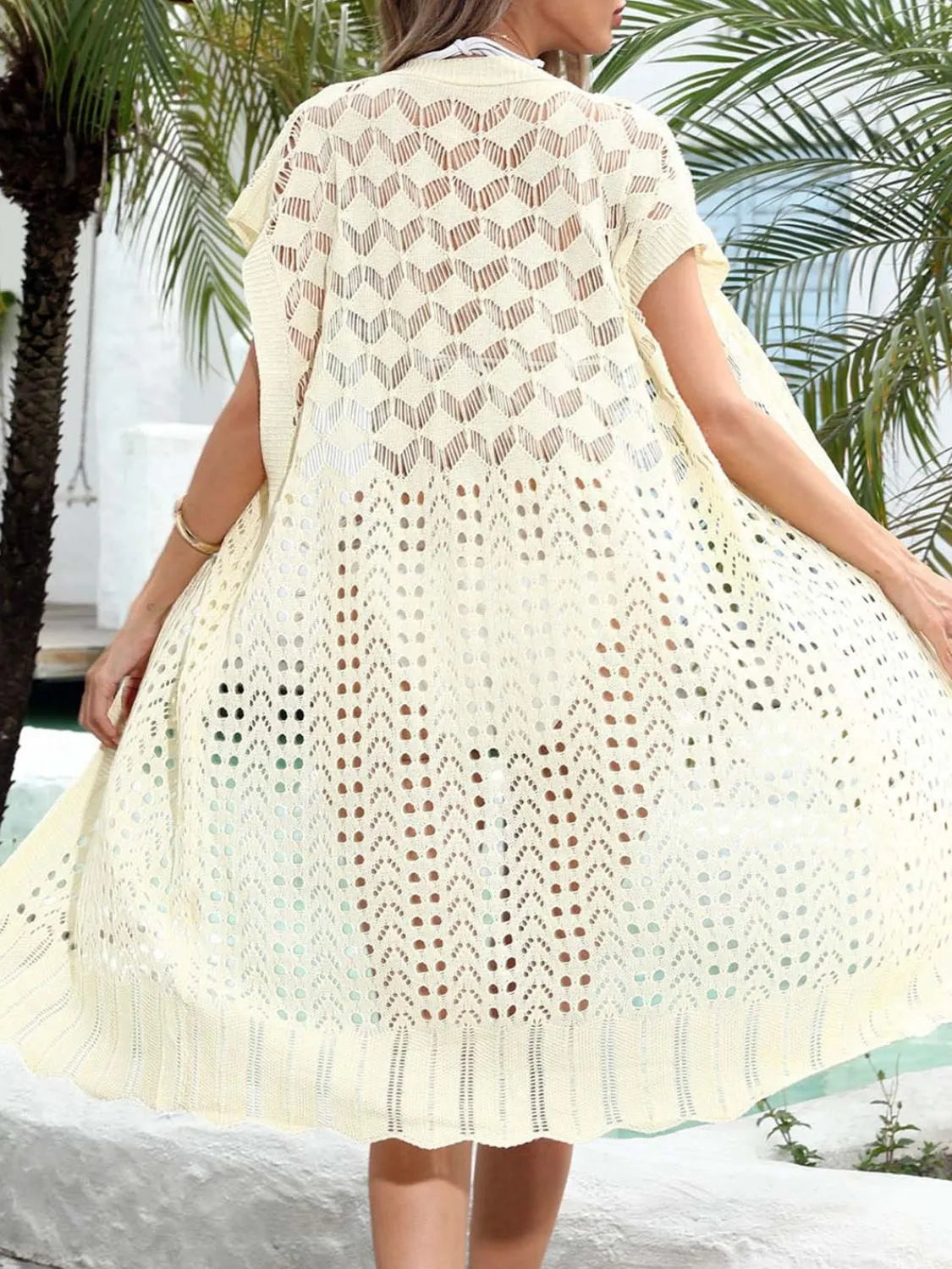 Open Front Short Sleeve Openwork Cover-Up - Ladyez