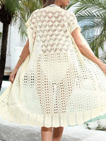 Open Front Short Sleeve Openwork Cover-Up - Ladyez