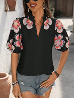 Floral Print Notched Puff Sleeve Blouse - Ladyez