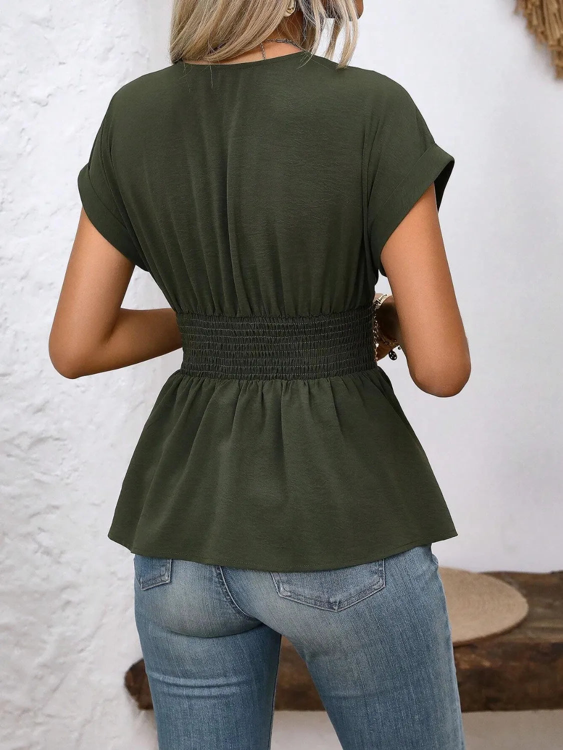 Surplice Short Sleeve Blouse - Ladyez
