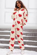 Fuzzy Heart Zip Up Hooded Lounge Jumpsuit - Ladyez