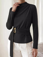 Mock Neck Blouse with Waist-Defining Metal Buckle Detail