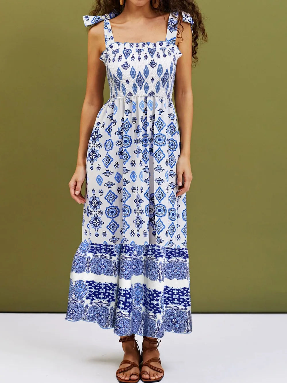 Smocked Printed Square Neck Cami Dress - Ladyez