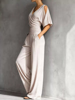 Cold Shoulder Ruched Waist Wide-Leg Jumpsuit