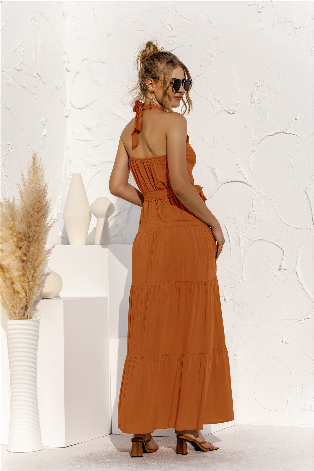 Halter Neck Tie Waist Tiered Maxi Dress - Ladyez