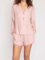 Striped Collared Neck Long Sleeve Top and Shorts Lounge Set - Ladyez
