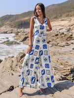 Printed V-Neck Wide Leg Jumpsuit - Ladyez