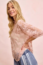 BiBi Bow Pattern Short Sleeves Boxy Mesh Top