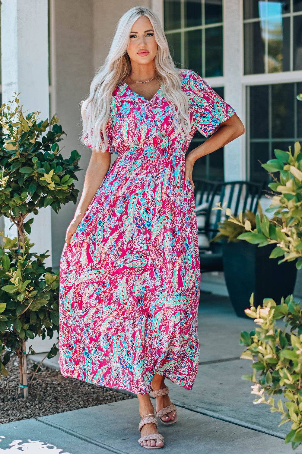 Multicolored V-Neck Maxi Dress - Ladyez