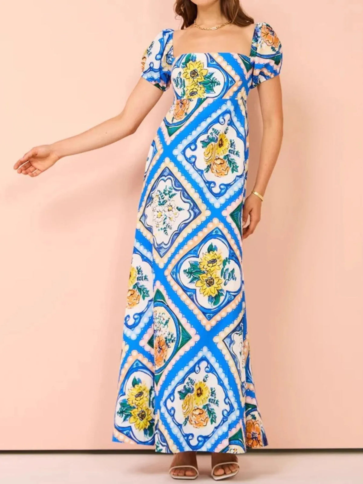 Printed Square Neck Puff Sleeve Maxi Dress - Ladyez
