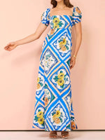 Printed Square Neck Puff Sleeve Maxi Dress - Ladyez