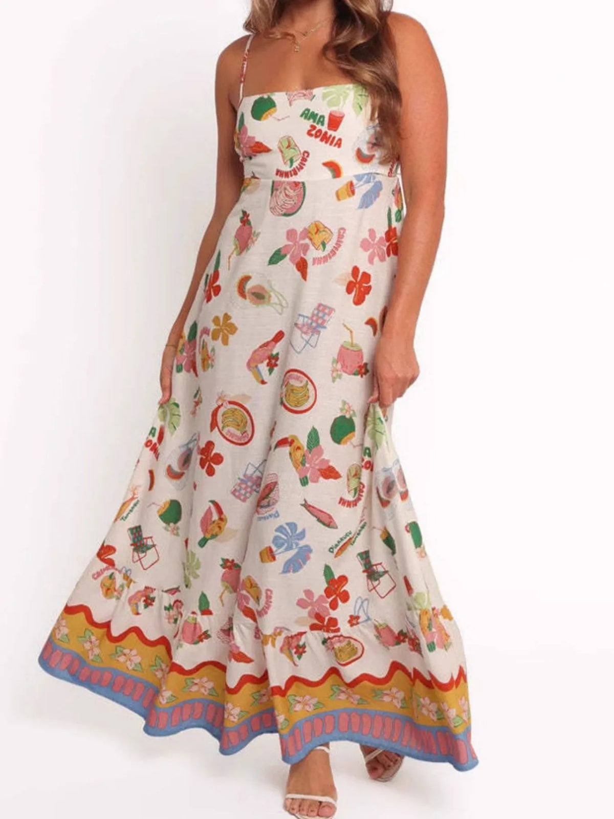 Printed Square Neck Maxi Cami Dress - Ladyez