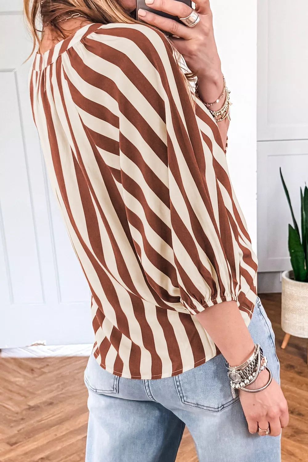 Striped Notched Half Sleeve Casual Blouse