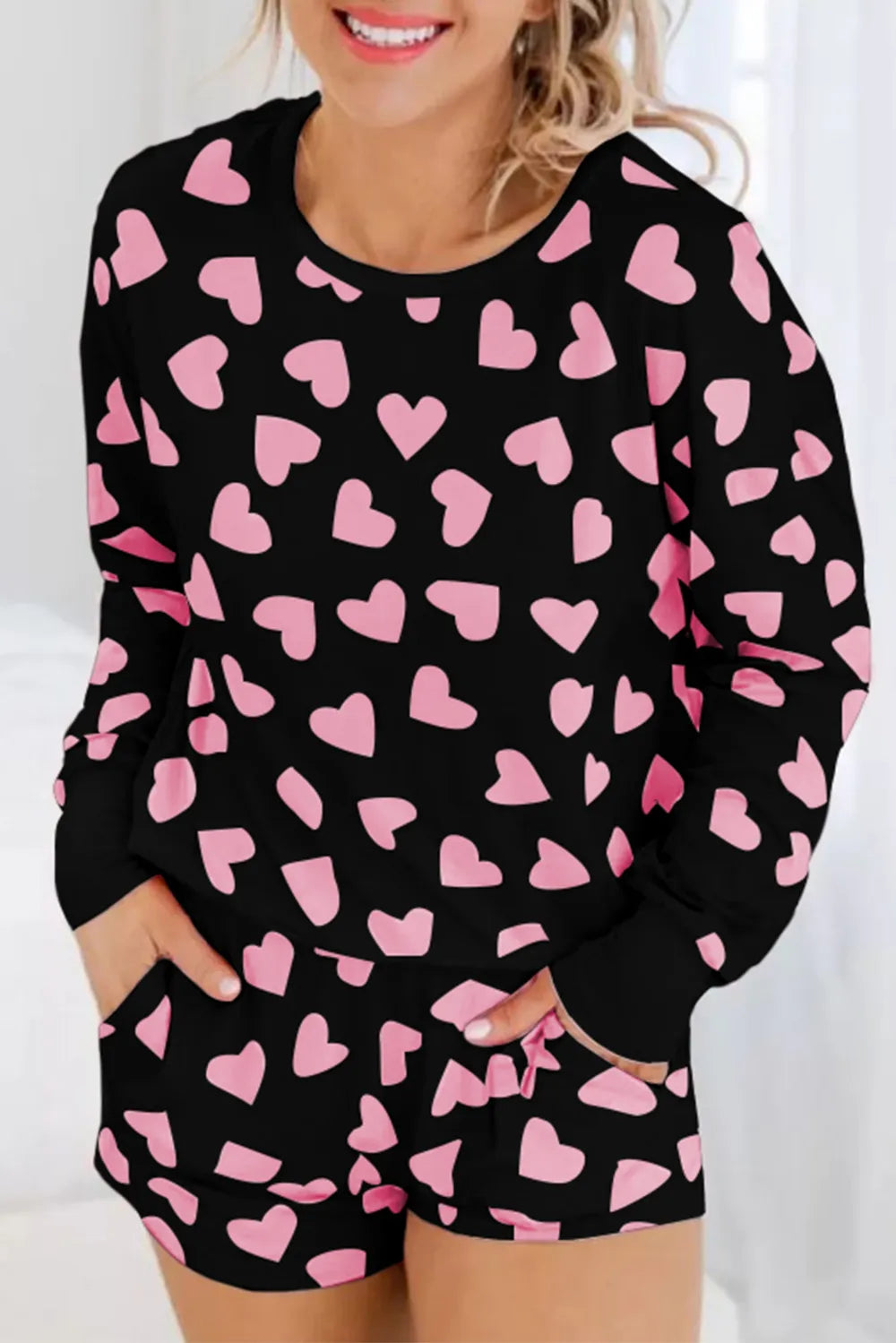 Heart Print Long Sleeve Top and Shorts Lounge Set - Ladyez