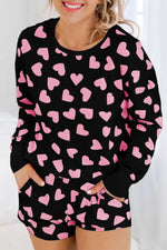 Heart Print Long Sleeve Top and Shorts Lounge Set - Ladyez