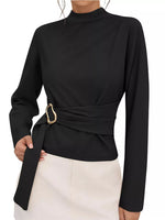 Mock Neck Blouse with Waist-Defining Metal Buckle Detail