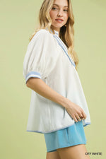 Umgee Textured Jacquard Contrast Trim Top