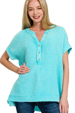 Zenana Washed Double Gauze 3/4 Button Henley Neck Shirt