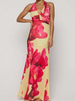 Floral Halter Neck Deep V Maxi Dress - Ladyez