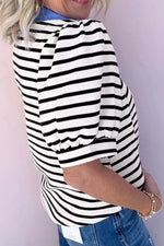 Striped Puff Sleeve Blouse with Contrast Collar