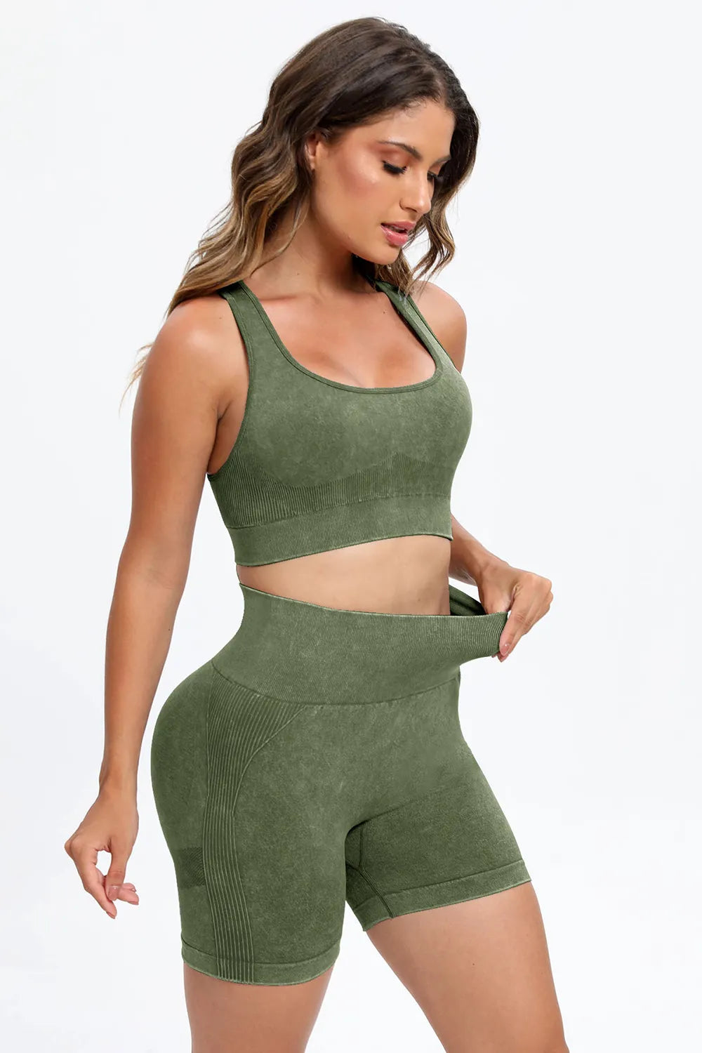 3 Piece Washed Square Neck Wide Strap Active Set - Ladyez