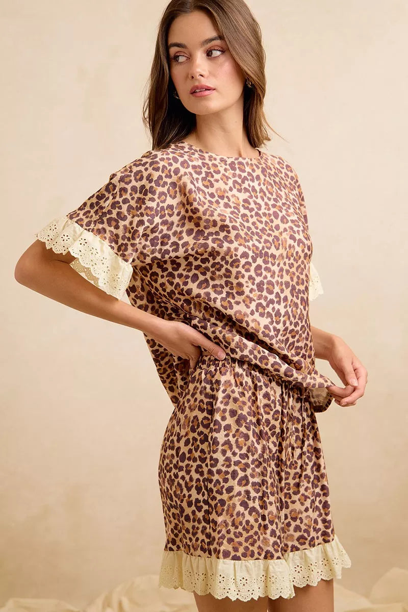 BiBi Leopard and Eyelet Lace Ruffled Top and Shorts Set