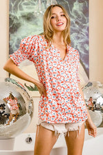 BiBi Floral Jqd Smoked Puff Sleeves V Neck Top